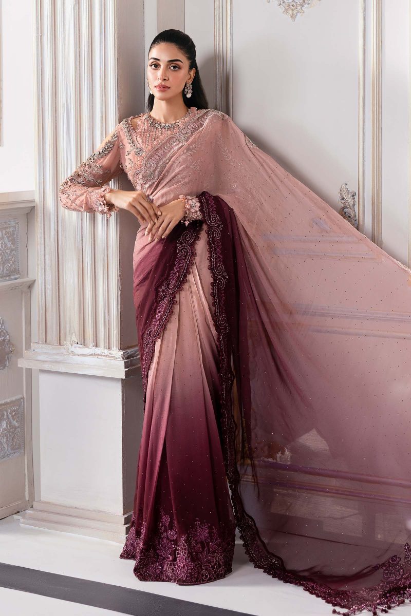MARIA.B Embroidered Unstitched Collection'25 Unstitched Embroidered Chiffon Saree | BD-3001 BD-3001-Ash Pink Ombre